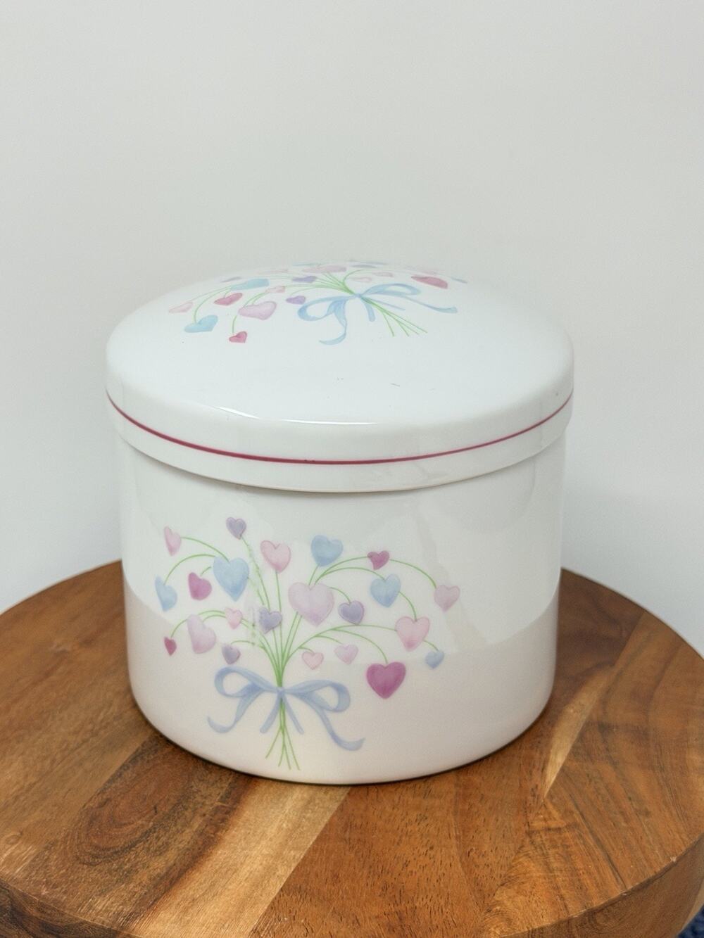 Vintage FDTA Pastel Heart Bouquet Canister/ Trinket Jar 1987 80's Deco